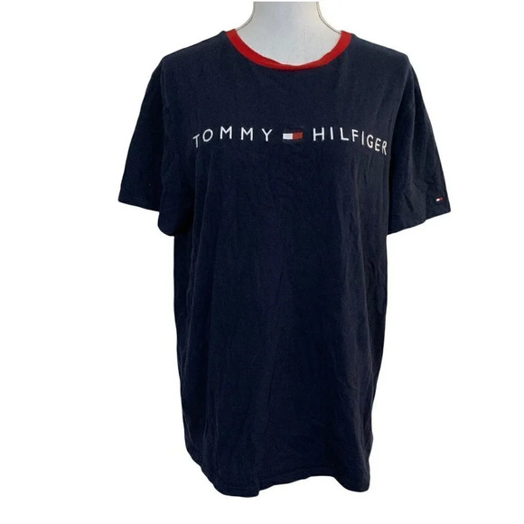 Tommy Hilfiger Embroidered Navy Ringer Short Sleeve Red Trim White Logo Medium - Picture 1 of 10